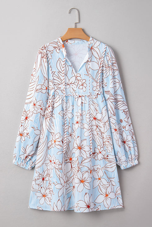 Pinstripe Floral Outline Ruffled Split Neck Long Sleeve Mini Dress